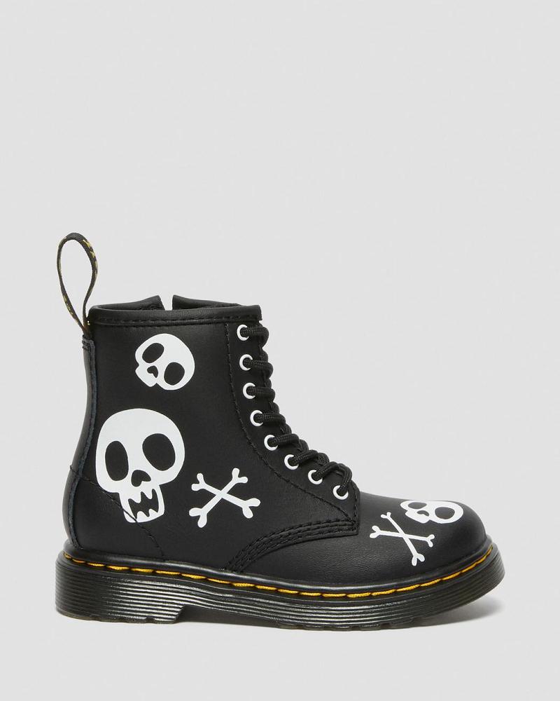 Kids' Dr Martens Toddler 1460 Skull & Bones Leather Lace Up Boots Black / White | AU 704AHK